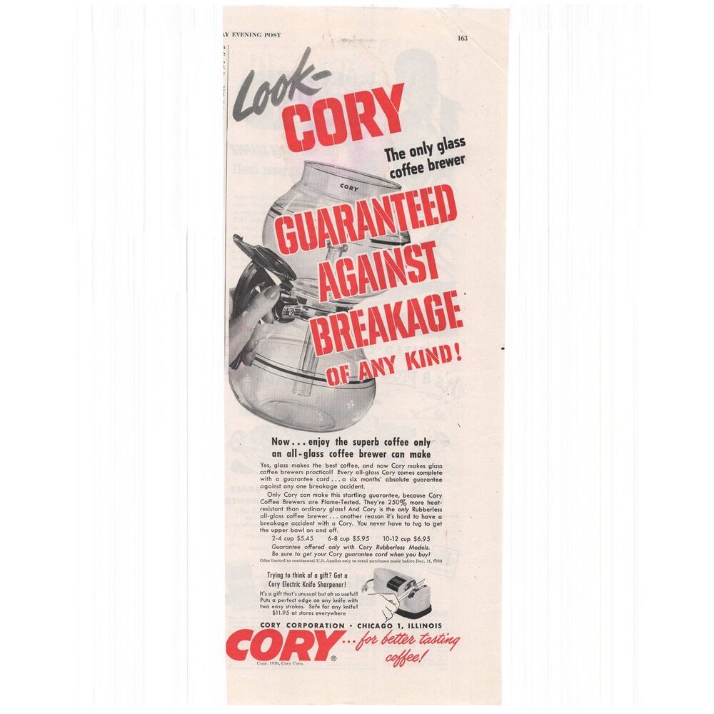 Cory Glass Coffee Brewer Magazine Advertisement 1950 Household Beverage Vintage